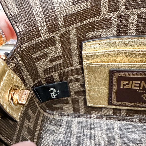 FENDI x VERSACE Fendace Logo Metallic Brooch Baguette NM Zucca Leather Mini Bag - Picture 12 of 15
